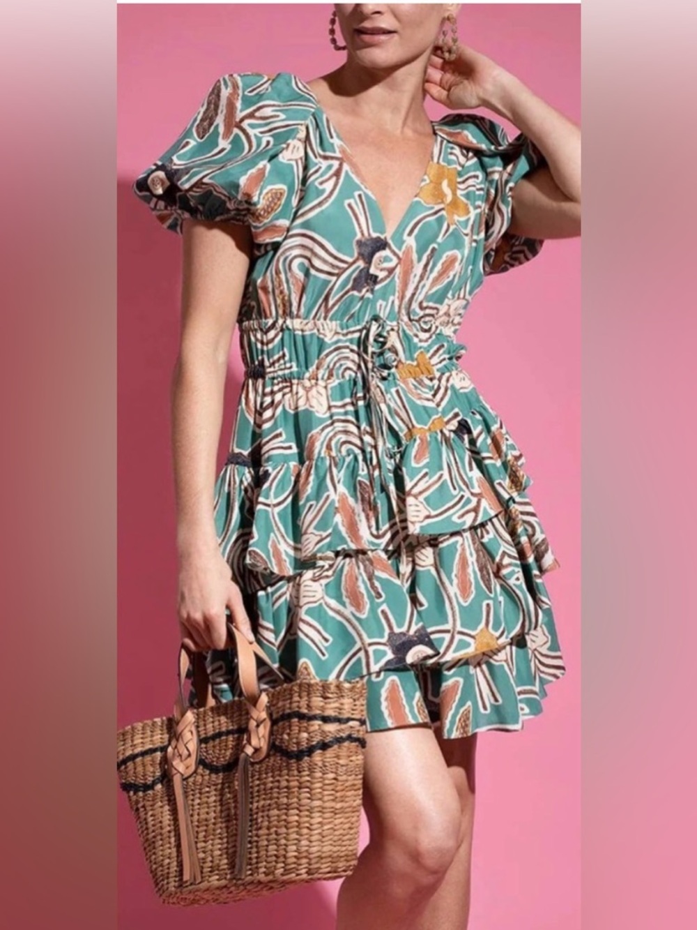 Ulla Johnson Farah 100% Silk Topaz Green Floral-Print Tiered Mini Dress Size 6